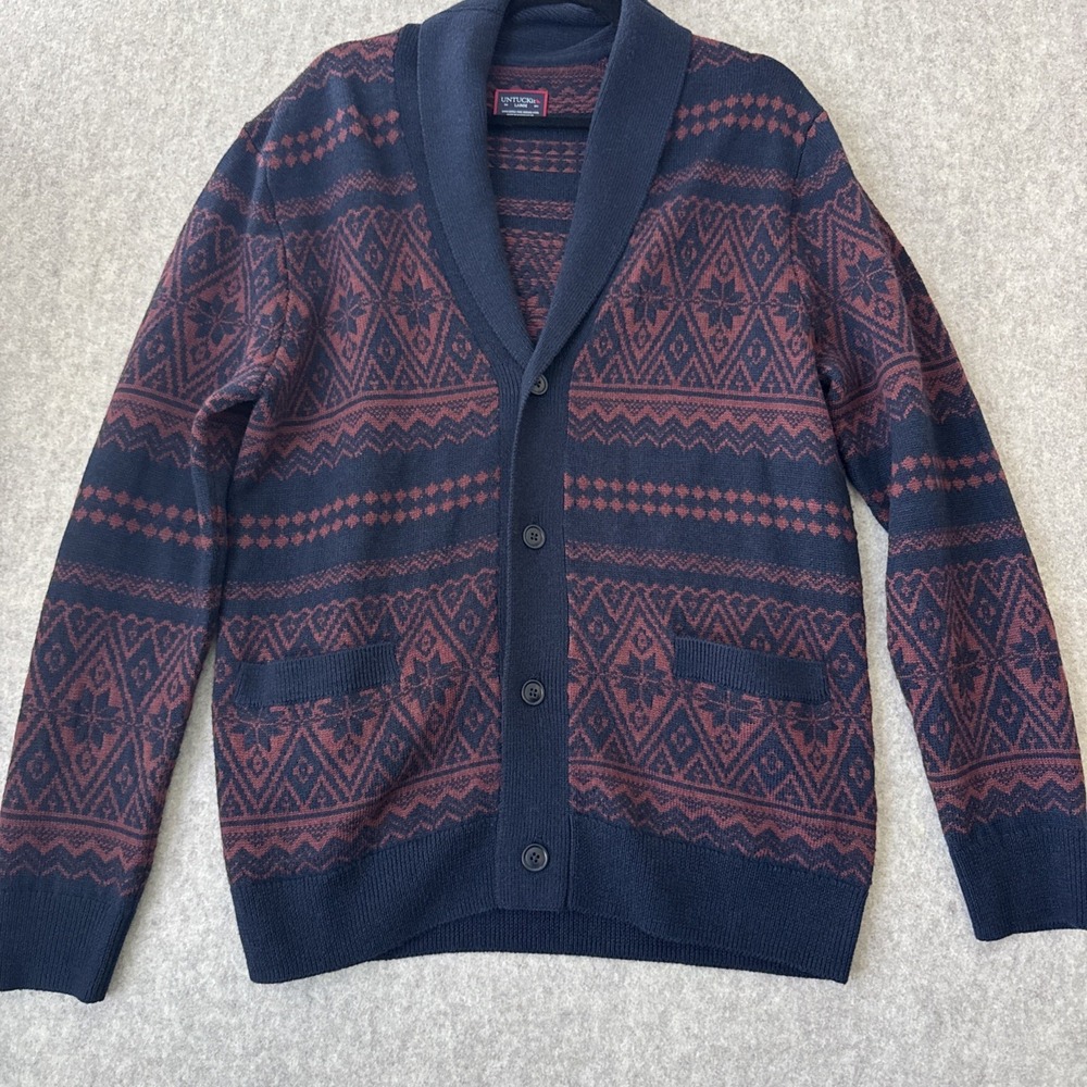 UNTUCKit Shawl Collar Cardigan Fair Isle Merino Wool Mens Large Navy Burgundy